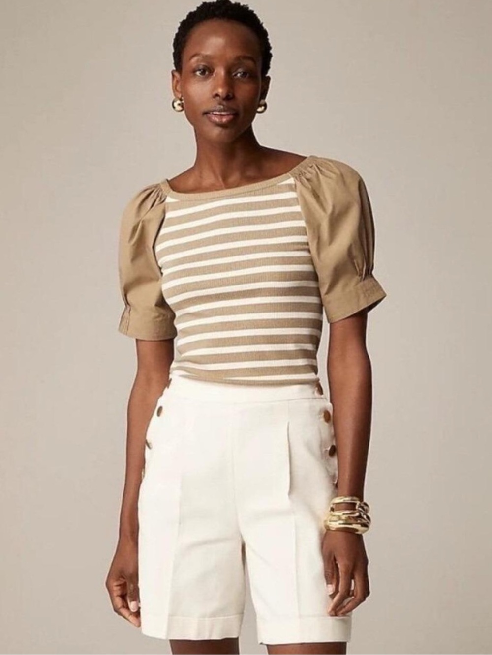 J Crew Vintage Rib Poplin Puff Sleeve Top Size Large Tan